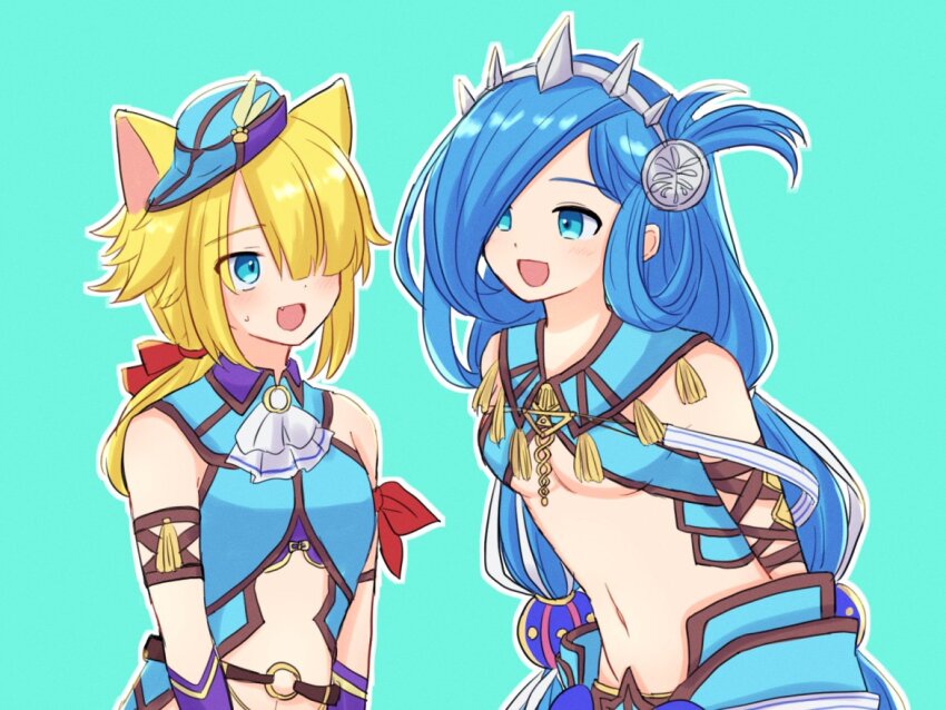 2girls, :d, animal_ears, aqua_background, arm_ribbon, ascot, bare_shoulders, blue_eyes