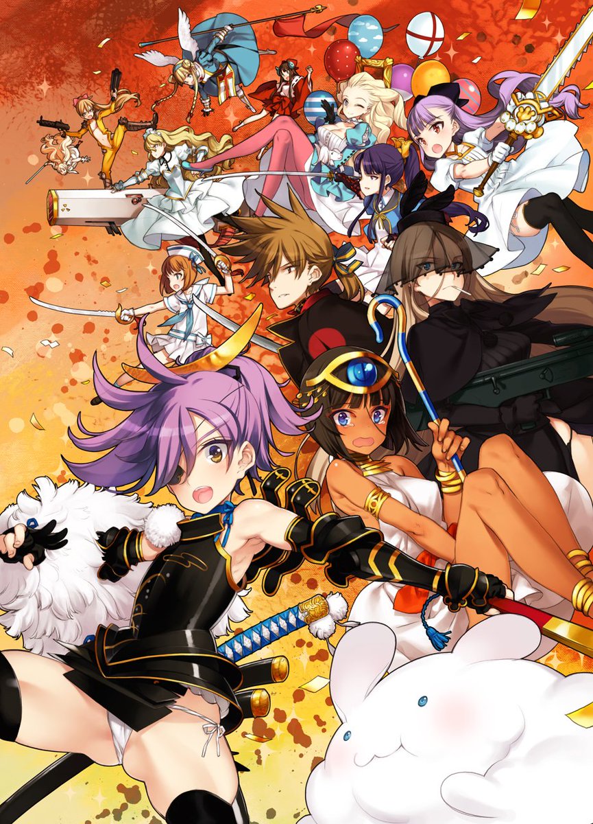 1boy, 6+girls, ancient_egyptian, balloon, billy_the_kid_(eiyuu_senki), black_dress, black_veil, blonde_hair