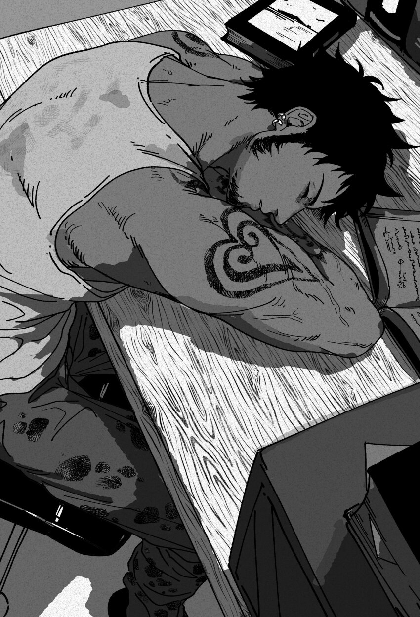1boy, absurdres, arm_tattoo, book, closed_eyes, commentary_request, earrings, facial_hair, goatee, gokujounomaguro, greyscale, highres, jewelry, male_focus, monochrome, one_piece, pants, short_hair, sideburns, sitting, sleeping, solo, tank_top, tattoo, trafalgar_law