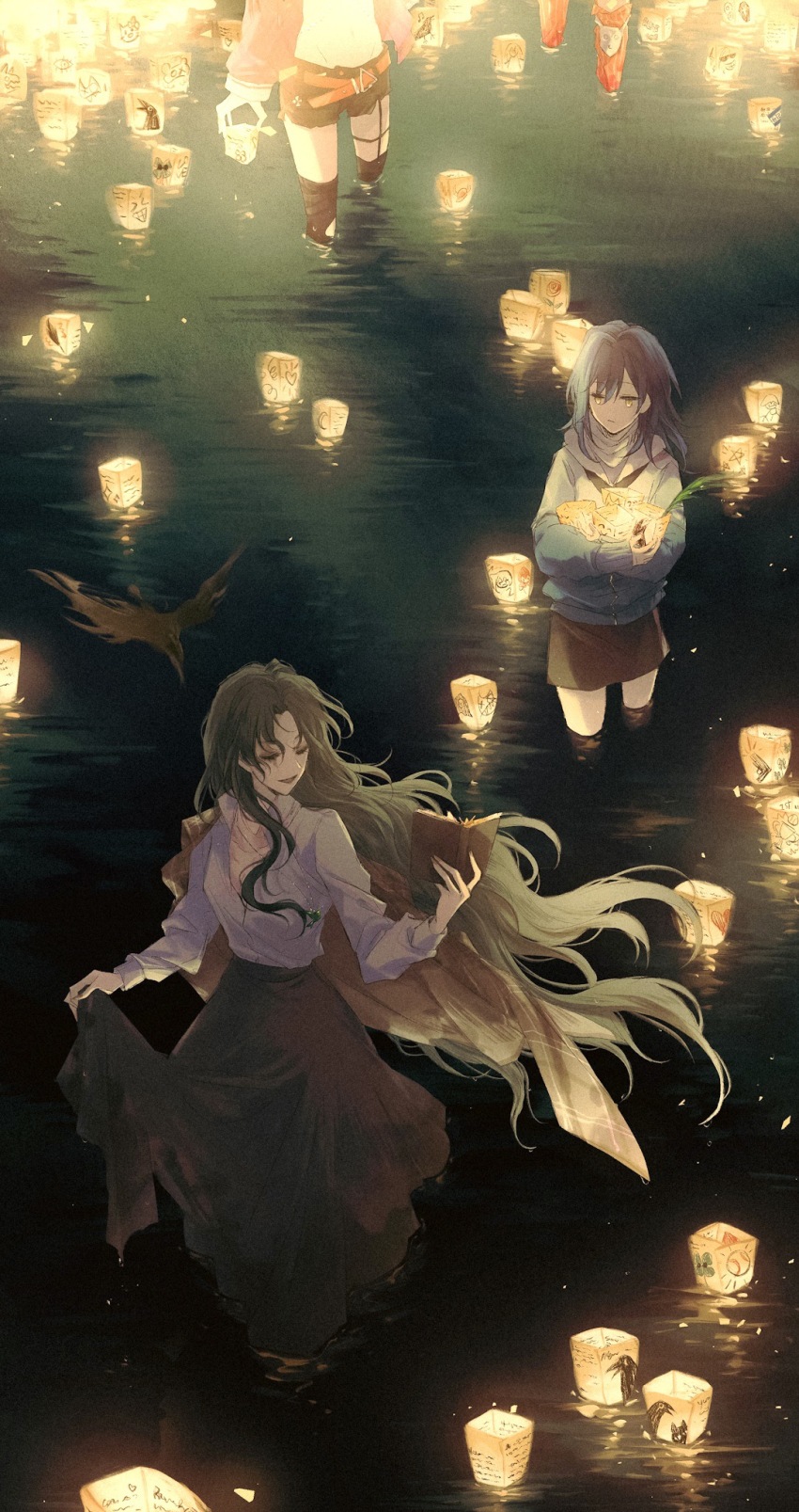 2girls, 2others, bandana, bandana_around_neck, bird, black_bird, black_skirt, blue_hair