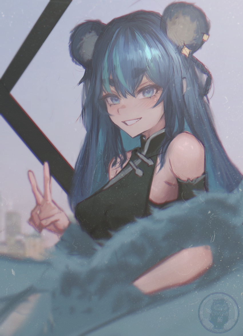 1girl, absurdres, animal_ears, bare_shoulders, bear, bear_ears, bear_girl, black_dress