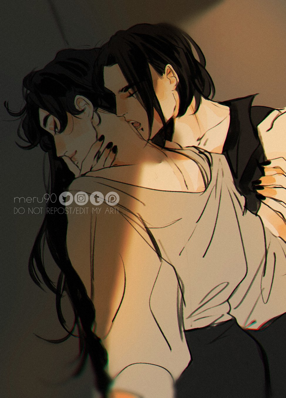 2boys, alternate_costume, alternate_universe, artist_name, biting, black_eyes, black_hair, black_pants