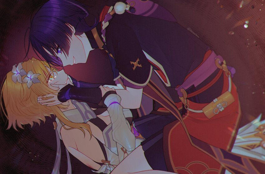 1boy, 1girl, absurdres, amano_hotaru_(hotaama), aqua_flower, arm_cutout, armor, black_bodysuit