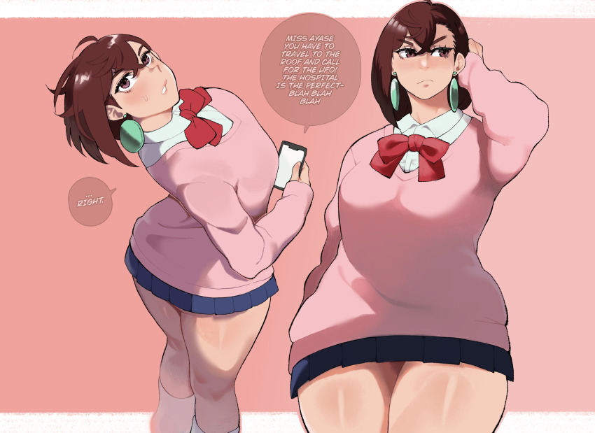 1girl, absurdres, ayase_momo, brown_eyes, brown_hair, dandadan, english_text, guttsuko