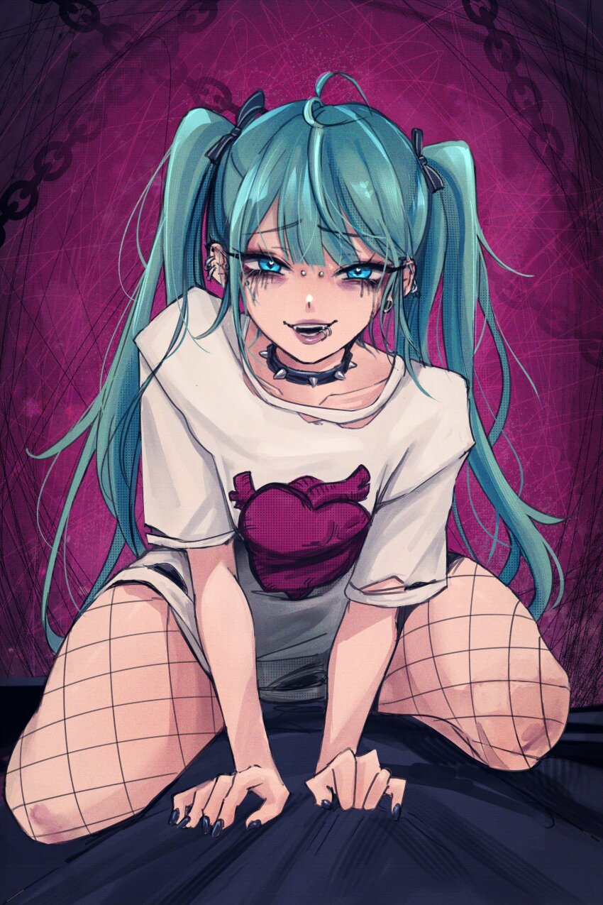 1girl, absurdres, ahoge, aqua_hair, arm_support, basedkawaii, bed_sheet, black_nails