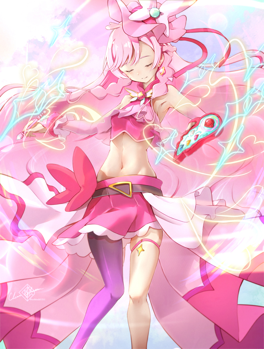 1girl, artist_name, asymmetrical_legwear, bare_shoulders, clear_glass_(mildmild1311), closed_eyes, commentary_request, cosplay, crop_top, cure_butterfly, cure_butterfly_(cosplay), cure_prism, earrings, eyelashes, hair_ornament, happy, highres, hirogaru_sky!_precure, jewelry, light_blush, long_hair, magical_girl, midriff, navel, nijigaoka_mashiro, pantyhose, pink_hair, pink_pantyhose, pink_skirt, pink_top, precure, signature, single_leg_pantyhose, skirt, smile, solo, standing, thigh_strap, twitter_username