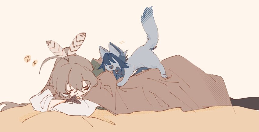 2girls, ahoge, animalization, blue_hair, blue_ribbon, brown_cape, brown_cloak, brown_hair