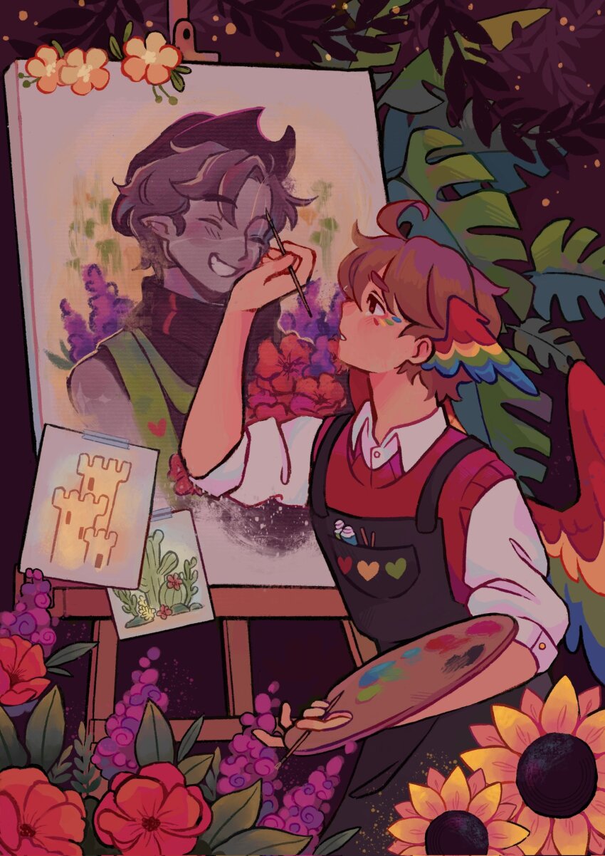 1boy, 3rd_life_smp, adapted_costume, ahoge, bird_boy, bird_wings, brown_hair, cactus