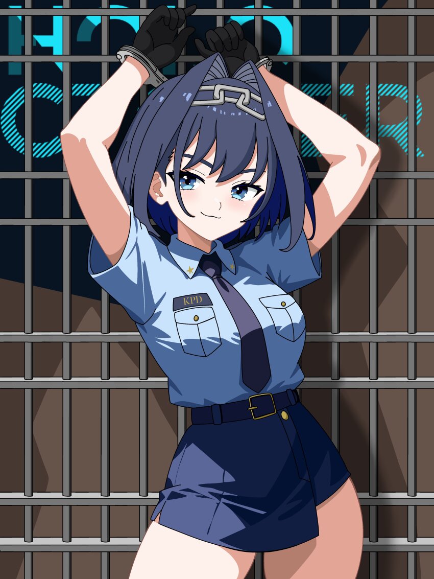 absurdres, belt, black_hair, blue_eyes, breasts, cuffs, handcuffs, highres, hololive, hololive_english, large_breasts, master117, miniskirt, ouro_kronii, police, police_uniform, policewoman, prison_cell, restrained, skirt, smile, virtual_youtuber