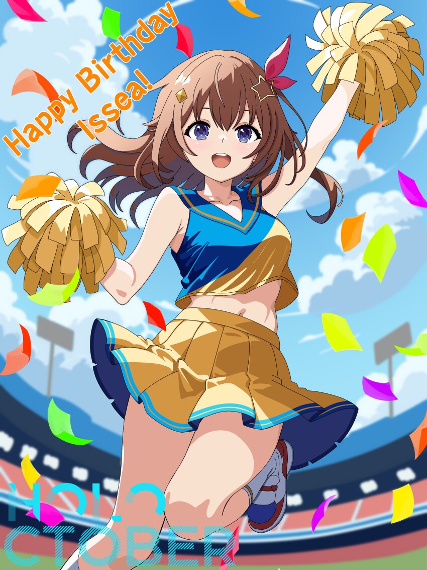 absurdres, armpits, blue_eyes, brown_hair, cheerleader, crop_top, crop_top_overhang, highres