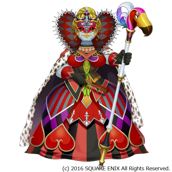 1girl, black_gloves, blue_skin, breasts, cape, colored_skin, copyright_notice, corset, domino_mask, eye_mask, full_body, gloves, grimms_notes, hand_fan, heartless_queen_(grimms_notes), holding, holding_staff, holding_weapon, mask, official_art, simple_background, solo, staff, weapon, white_background, yamanashi_taiki, yellow_lips