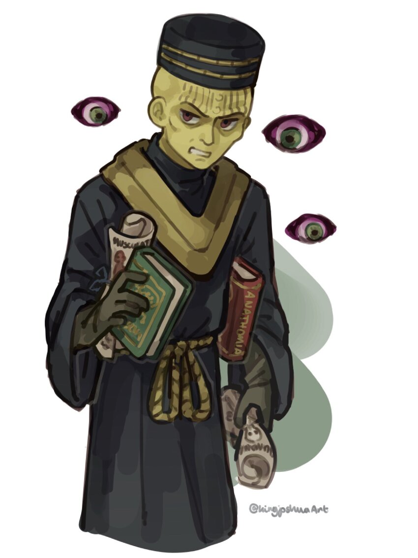 1boy, black_hat, black_robe, book, brown_eyes, clenched_teeth, colored_skin, commentary