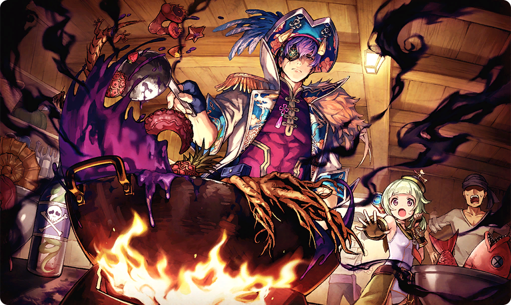 1girl, 2boys, blunt_bangs, closed_mouth, commentary_request, cooking, eyepatch, fingerless_gloves