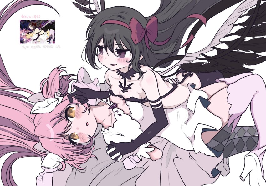 2girls, absurdly_long_hair, akemi_homura, akuma_homura, armlet, bare_back, bare_shoulders, black_wings, blush, bow, breasts, cleavage, collar, collarbone, derivative_work, dot_nose, dress, elbow_gloves, eyelashes, feathered_wings, floating_clothes, floating_hair, frilled_dress, frills, full_body, gloves, hair_bow, hairband, hand_on_another's_back, high_heels, highres, holding_hands, hug, hug_from_behind, interlocked_fingers, jewelry, kaname_madoka, kerimka31328031, long_dress, long_hair, looking_at_another, lying, lying_on_person, mahou_shoujo_madoka_magica, mahou_shoujo_madoka_magica:_hangyaku_no_monogatari, multiple_girls, on_back, open_clothes, open_dress, open_mouth, parted_lips, pink_hair, pink_theme, purple_collar, purple_dress, purple_eyes, purple_gloves, purple_ribbon, red_hairband, ribbon, screenshot_inset, screenshot_redraw, simple_background, single_hair_intake, small_breasts, smirk, strapless, strapless_dress, two_side_up, ultimate_madoka, very_long_hair, white_background, white_bow, white_dress, white_footwear, wings, yellow_eyes, yuri