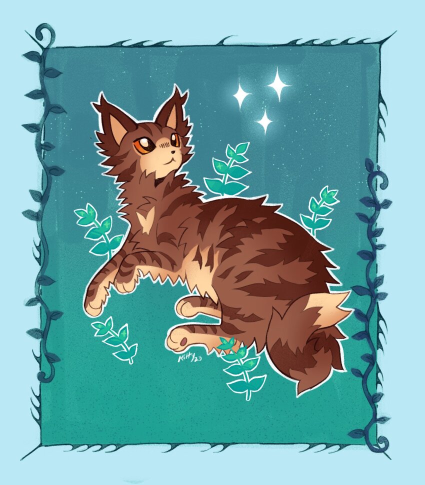 animal, animal_focus, border, brown_cat, cat, commentary, full_body, green_background