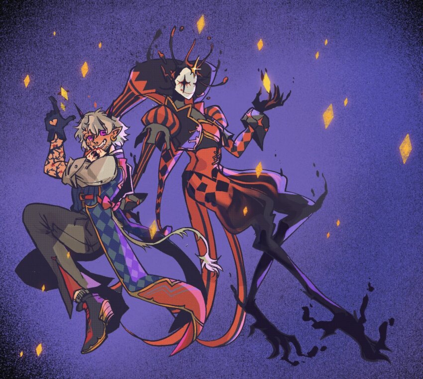 2boys, branzy, cape, claws, clownpierce, commentary, demon_boy, digitigrade, english_commentary, grey_pants, heart, highres, horns, jester, jesteriisms, layered_sleeves, lifesteal_smp, long_sleeves, male_focus, mask, minecraft_youtube, monster_boy, multiple_boys, pants, pointy_ears, puffy_short_sleeves, puffy_sleeves, purple_eyes, short_hair, short_sleeves, sparkle, tail, vest, white_hair