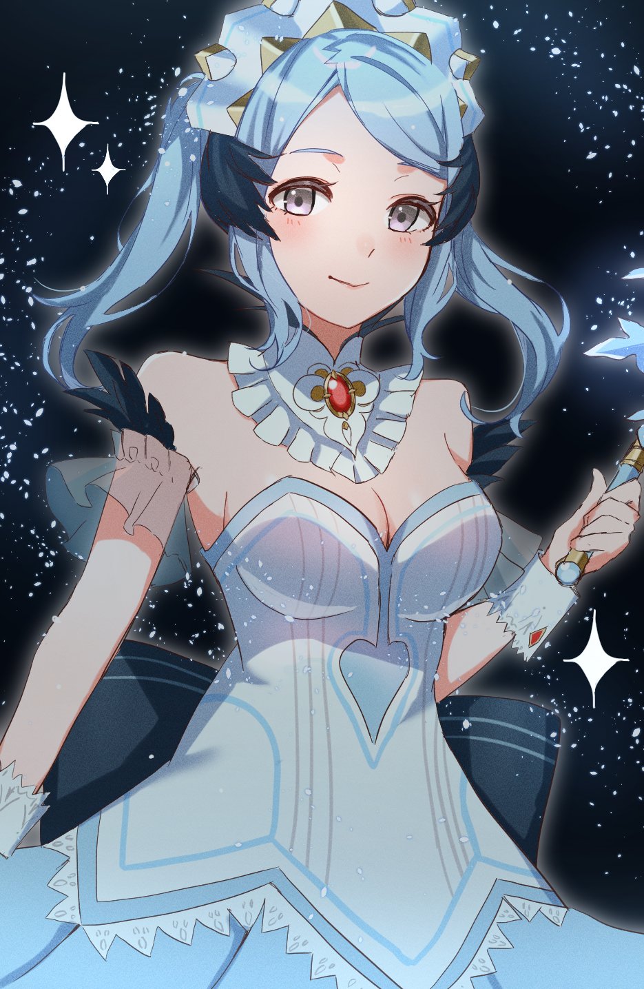 1girl, bare_shoulders, blue_hair, breasts, cleavage, closed_mouth, dress, fire_emblem, fire_emblem_fates, fire_emblem_heroes, flora_(fire_emblem), flora_(ice)_(fire_emblem), gmais2514, grey_eyes, highres, holding, holding_wand, looking_at_viewer, maid_headdress, nintendo, official_alternate_costume, smile, snow, solo, strapless, strapless_dress, twintails, wand, white_dress