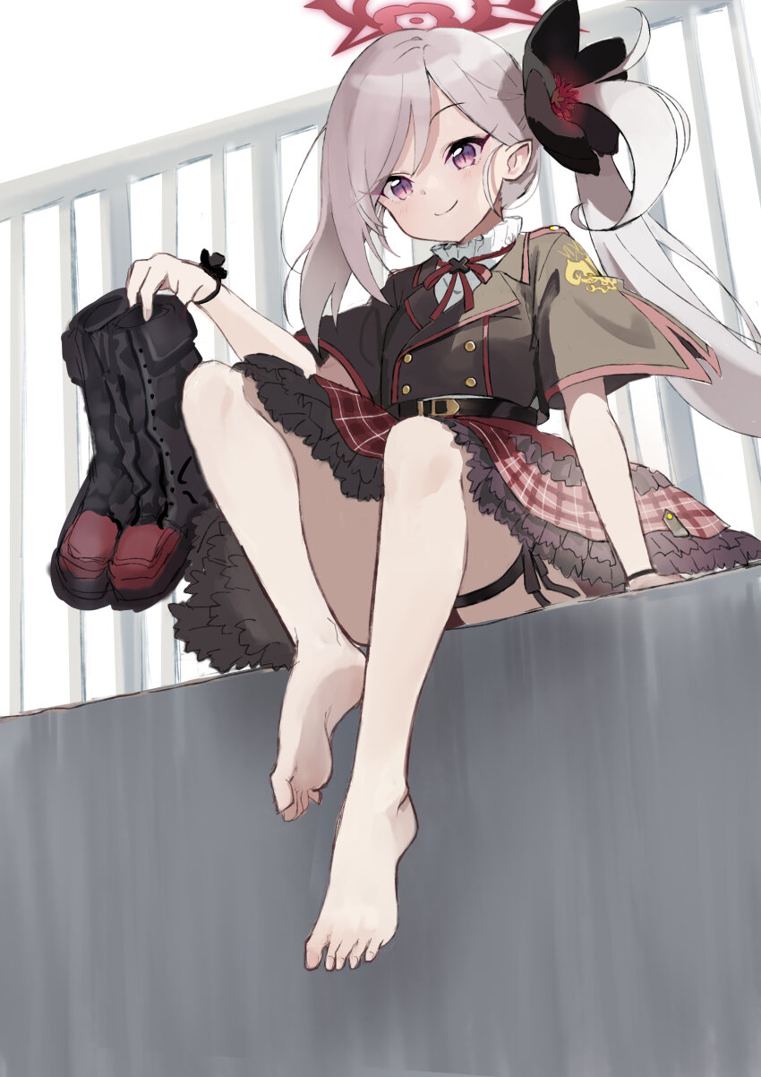 1girl, absurdres, arm_support, barefoot, black_jacket, blue_archive, blush, book, boots, breasts, commentary, feet, flower, frilled_skirt, frills, from_below, from_side, full_body, grey_hair, hair_flower, hair_ornament, halo, highres, holding, holding_book, holding_boots, holding_footwear, holding_unworn_clothes, jacket, knee_boots, long_hair, mutsuki_(blue_archive), parted_bangs, plaid_clothes, plaid_skirt, pointy_ears, purple_eyes, railing, red_halo, saibashi_(develop_komono), short_sleeves, side_ponytail, sitting, skirt, small_breasts, smile, soles, solo, thigh_strap, toenails, toes, unworn_boots, white_background, wide_sleeves