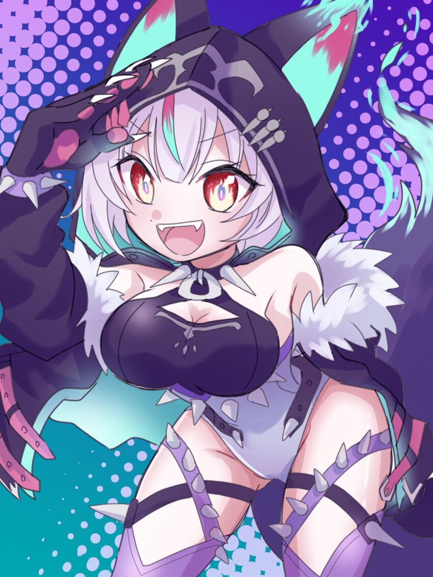 1girl, animal_hands, animal_hood, breasts, choker, cleavage, fang, fur-trimmed_jacket