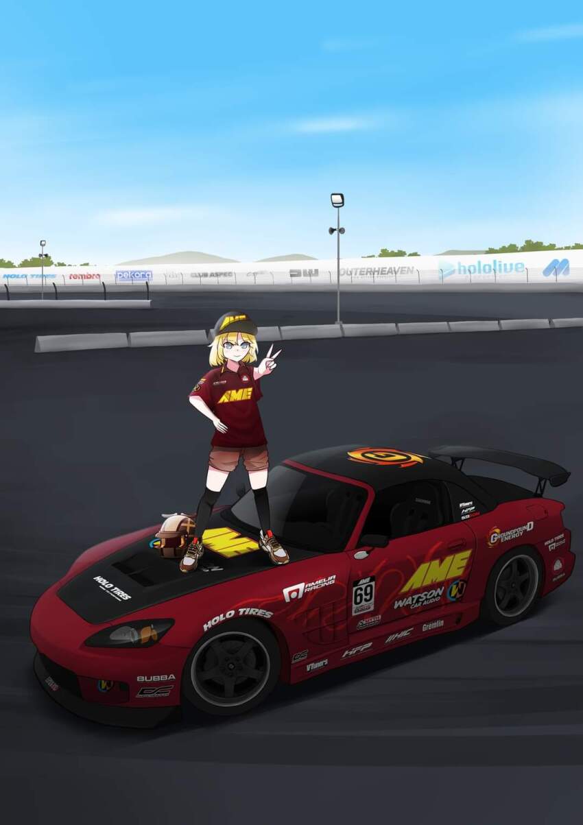 1girl, artist_collaboration, black_thighhighs, blonde_hair, blue_eyes, brown_footwear, brown_shorts, car, collared_shirt, commentary, english_commentary, gran_turismo, hand_on_own_hip, highres, holeecrab, hololive, hololive_english, honda, honda_s2000, logo_parody, motor_vehicle, race_vehicle, racecar, red_car, red_shirt, shadow, shirt, shorts, smile, solo, spoiler_(automobile), sports_car, thighhighs, vehicle_focus, vincent_(outerheaven_w), virtual_youtuber, watson_amelia