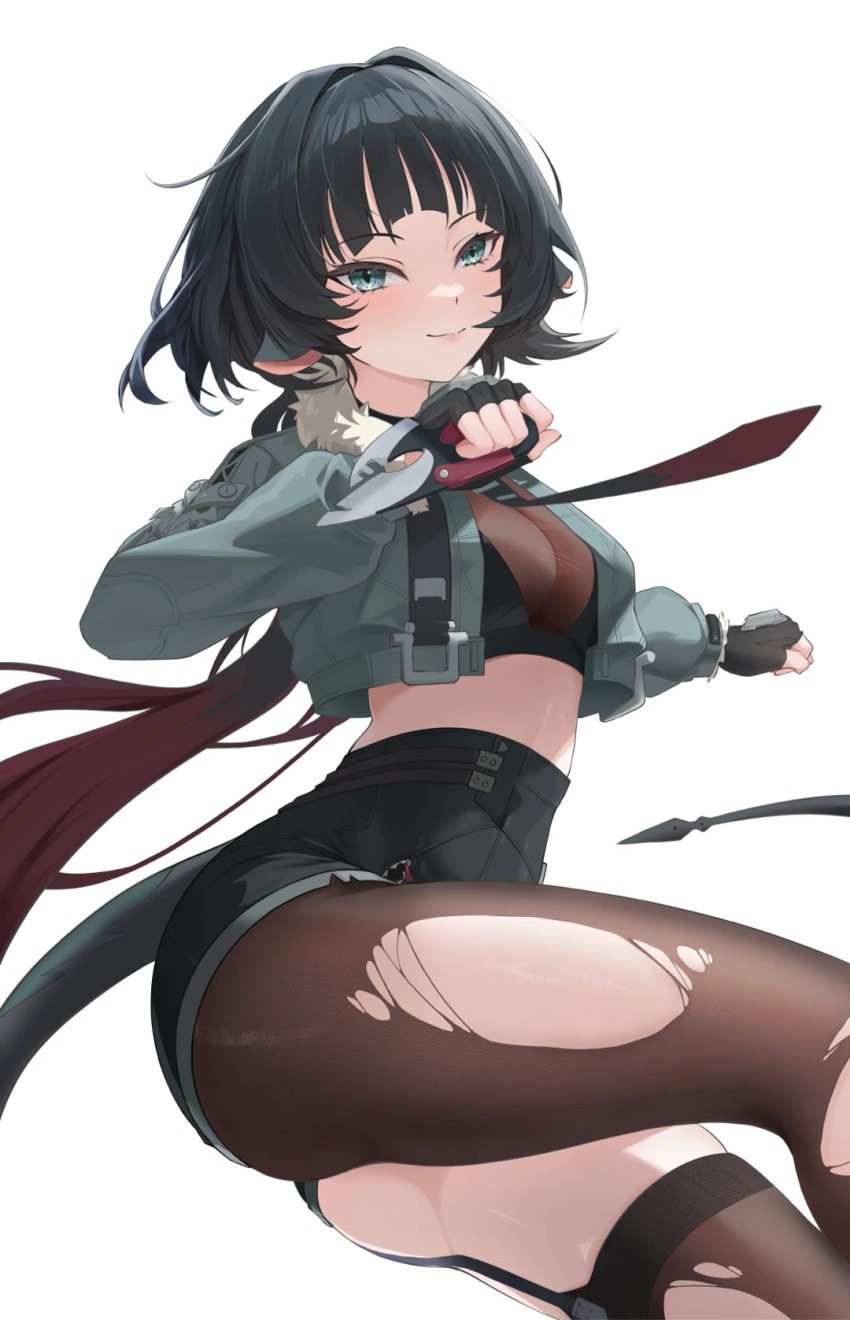 1girl, animal_ears, aqua_eyes, aqua_jacket, black_gloves, black_hair, black_pantyhose, black_shorts