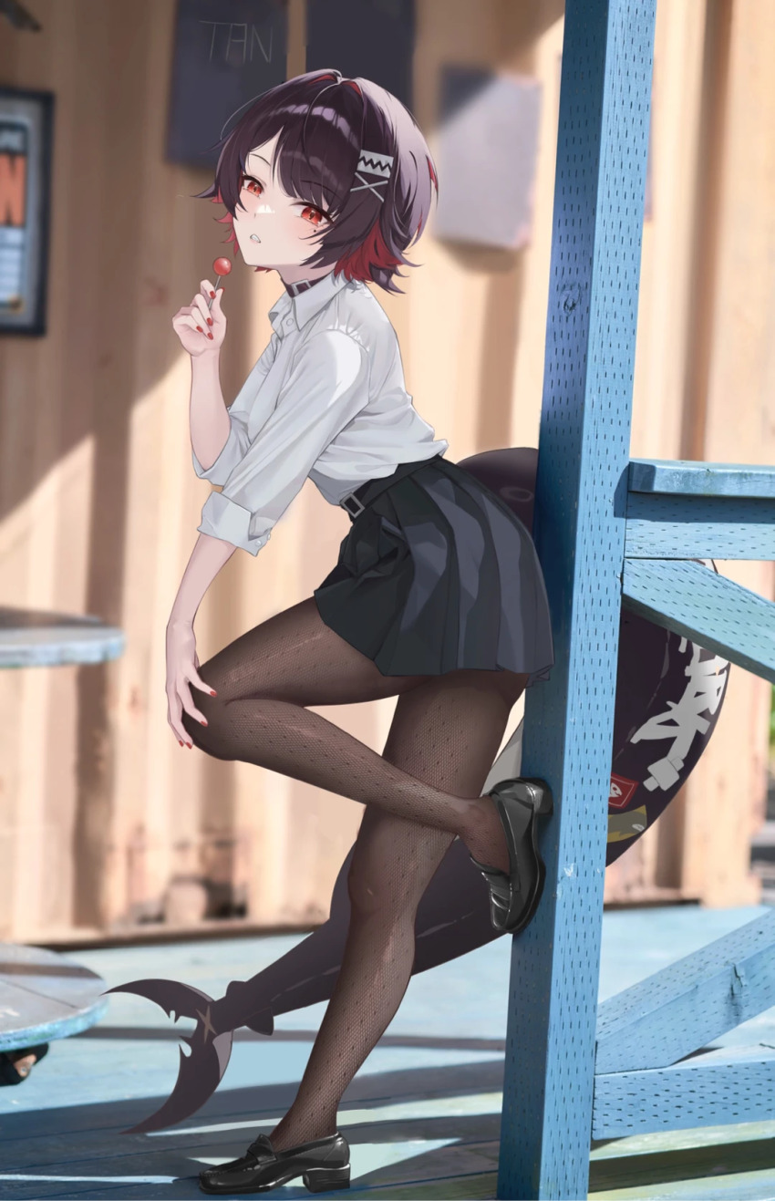 1girl, artist_name, black_choker, black_hair, black_pantyhose, black_shoes, black_skirt, choker