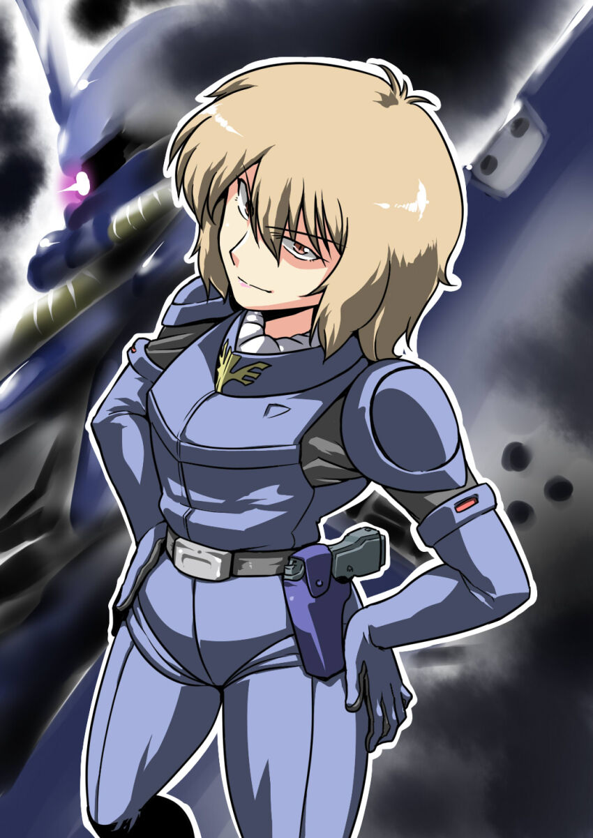 1girl, blurry, blurry_background, brown_eyes, brown_hair, char's_counterattack, commentary_request, geara_doga