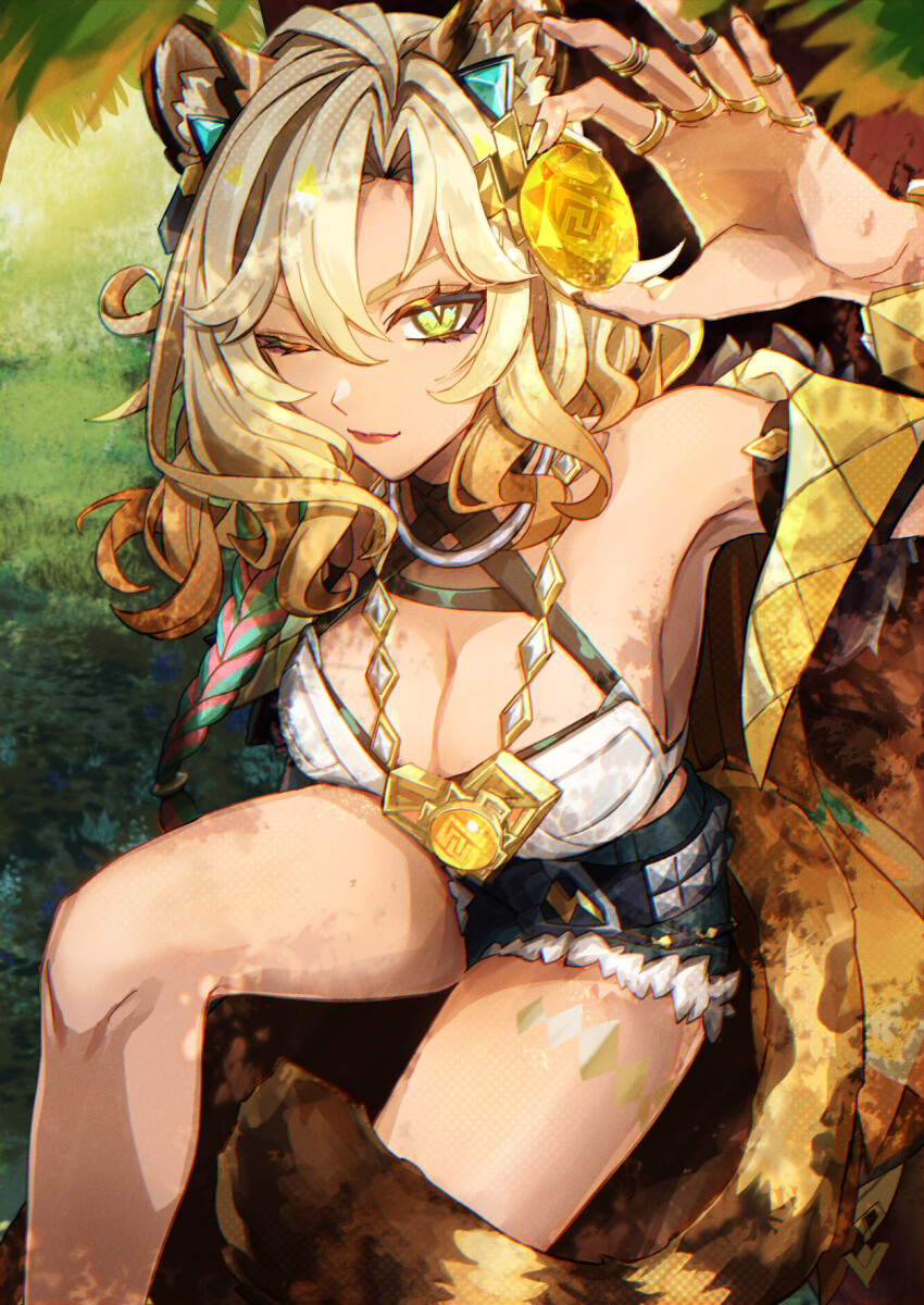 1girl, ;), against_tree, animal_ear_fluff, animal_ears, bare_shoulders, blonde_hair, blue_shorts