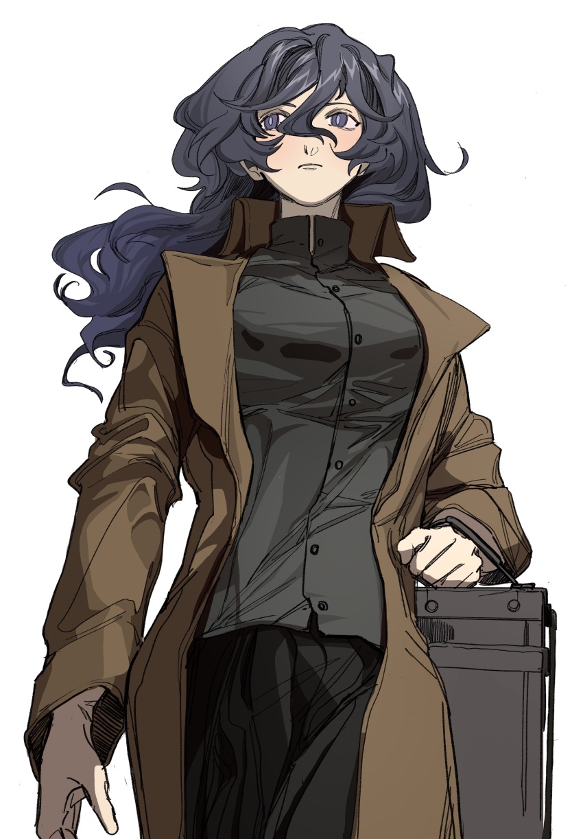 1girl, absurdres, bag, black_hair, black_shirt, black_skirt, blue_eyes, breasts, bright_pupils, brown_bag, brown_coat, buttons, chinese_commentary, closed_mouth, coat, collared_shirt, commentary_request, cowboy_shot, genderswap, genderswap_(mtf), highres, holding, holding_bag, large_breasts, long_hair, open_clothes, open_coat, pleated_skirt, saibou_shinkyoku, shirt, simple_background, skirt, solo, utsugi_noriyuki, white_background, windykown