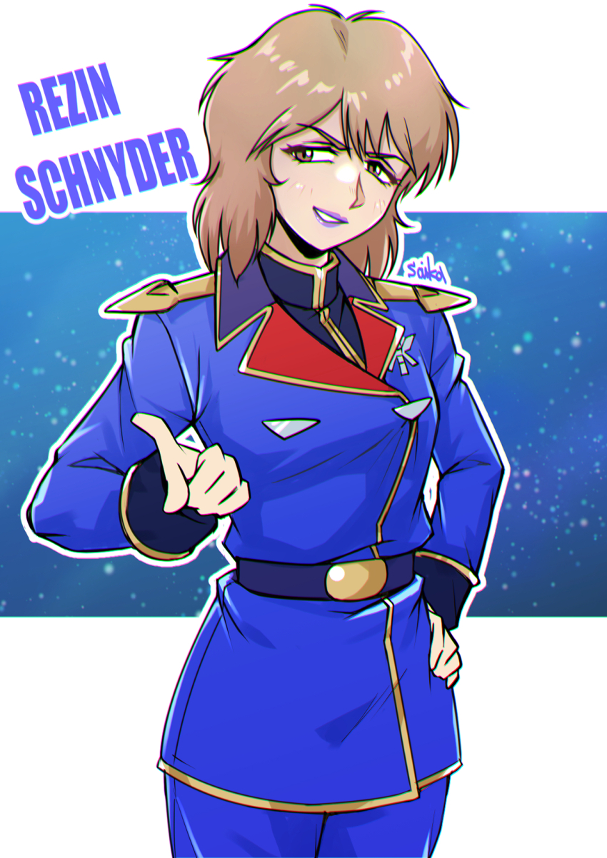 1girl, artist_name, belt, brown_eyes, brown_hair, char's_counterattack, character_name, commentary_request