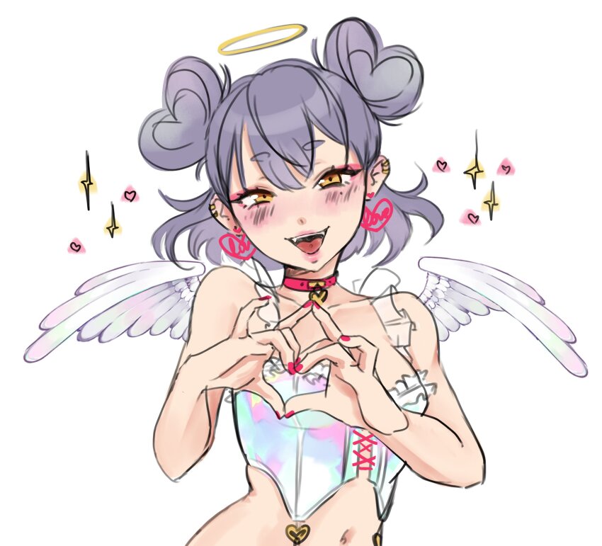 1girl, angel, basedkawaii, blush, breasts, bustier, choker, double-parted_bangs