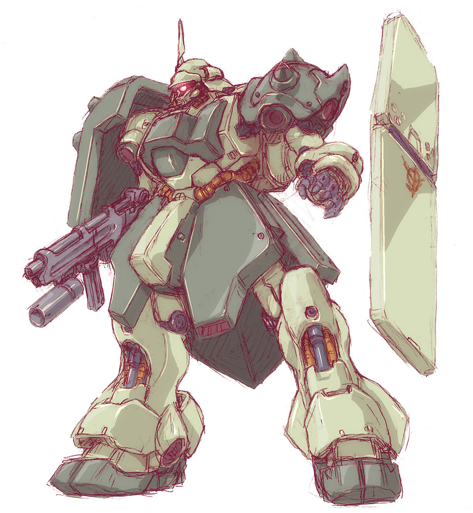 beam_rifle, char's_counterattack, commentary_request, energy_gun, geara_doga, glowing, glowing_eye, grenade_launcher