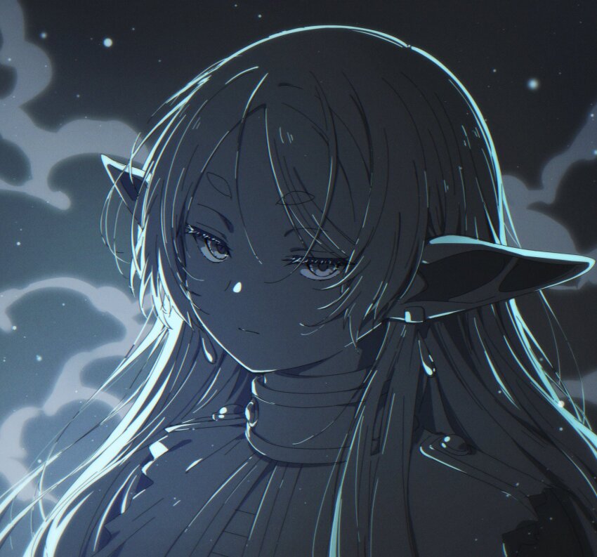 1girl, capelet, closed_mouth, earclip, elf, expressionless, frieren, greyscale, hashtag-only_commentary, highres, light_particles, long_hair, looking_at_viewer, monochrome, parted_bangs, plain_epaulettes, pointy_ears, portrait, short_eyebrows, solo, sousou_no_frieren, thick_eyebrows, uta_25