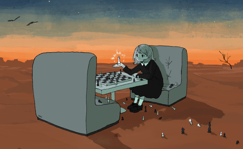 1girl, absurdres, arm_support, bird, black_bird, black_dress, black_shoes, chess_piece