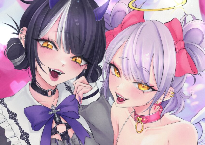 2girls, angel_wings, bare_shoulders, basedkawaii, black_hair, blunt_bangs, blush, bow