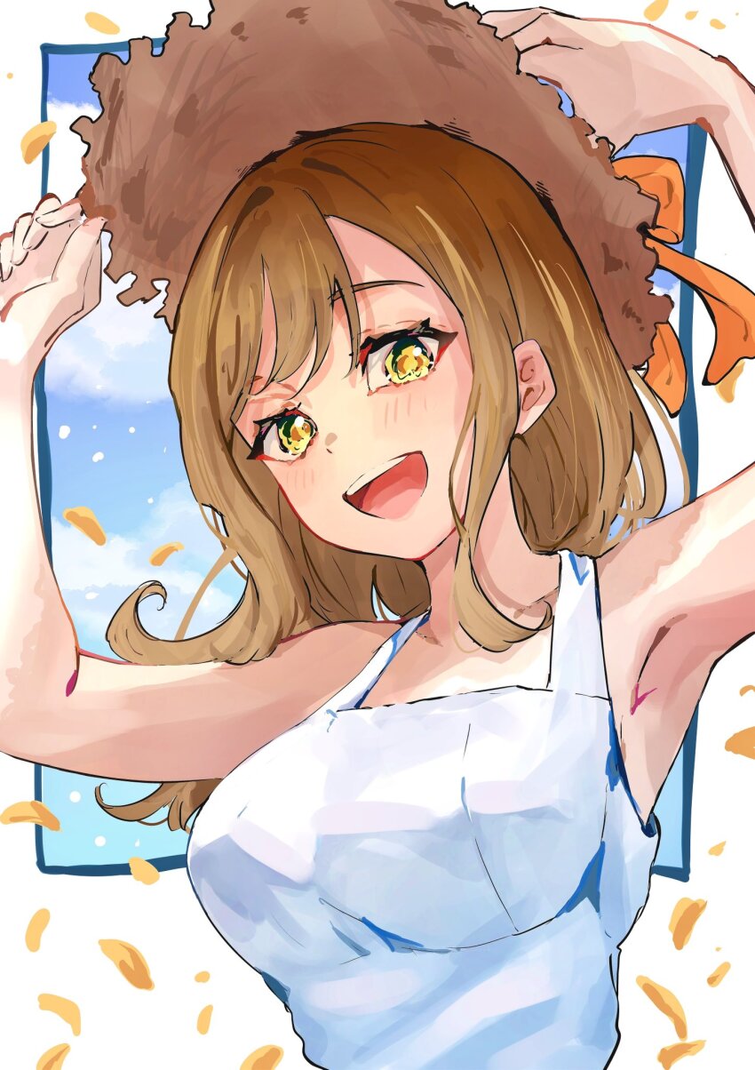 1girl, :d, armpits, arms_up, blue_sky, border, breasts, brown_hair