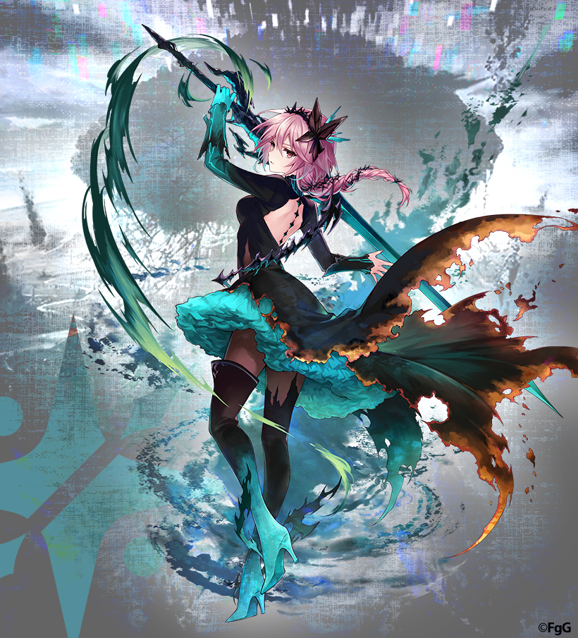 1girl, aqua_boots, aqua_gloves, arondight_(phantom_of_the_kill), back_cutout, black_boots, black_dress, black_hairband