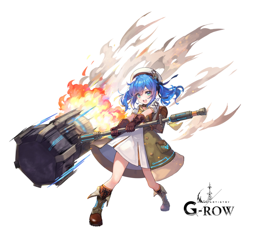 1girl, aqua_eyes, backpack, bag, blue_hair, brown_footwear, brown_gloves, commentary_request