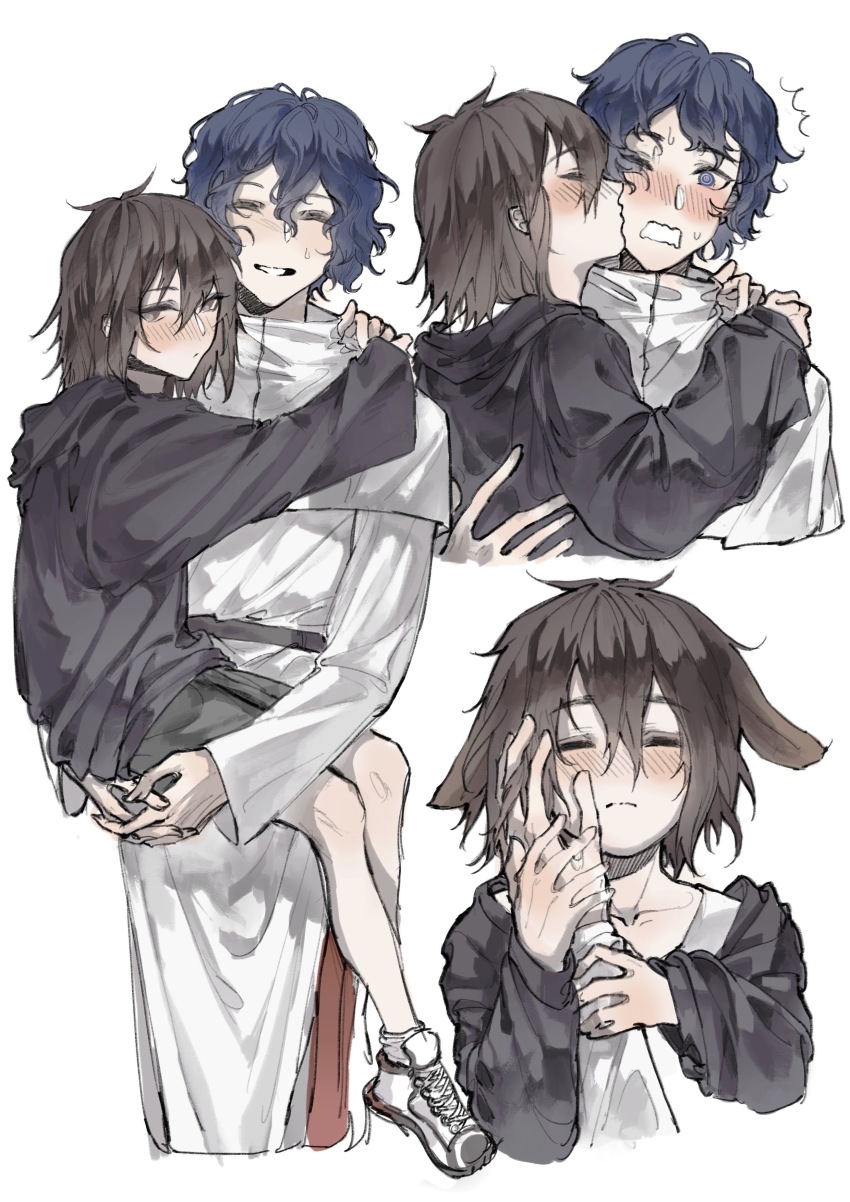 2boys, ^^^, absurdres, age_difference, animal_ears, belt, black_belt, black_jacket, black_shorts, blush, brown_hair, capelet, carrying, carrying_person, chinese_commentary, closed_mouth, coat, commentary_request, guiding_hand, hand_on_another's_cheek, hand_on_another's_face, highres, hood, hood_down, hooded_jacket, isoi_haruki, jacket, kemonomimi_mode, kiss, kissing_cheek, lop_rabbit_ears, male_focus, multiple_boys, onii-shota, open_clothes, open_jacket, rabbit_ears, saibou_shinkyoku, shirt, short_hair, shorts, simple_background, smile, surprise_kiss, surprised, sweat, translation_request, utsugi_noriyuki, white_background, white_capelet, white_coat, white_shirt, wozhenshiririririri, yaoi