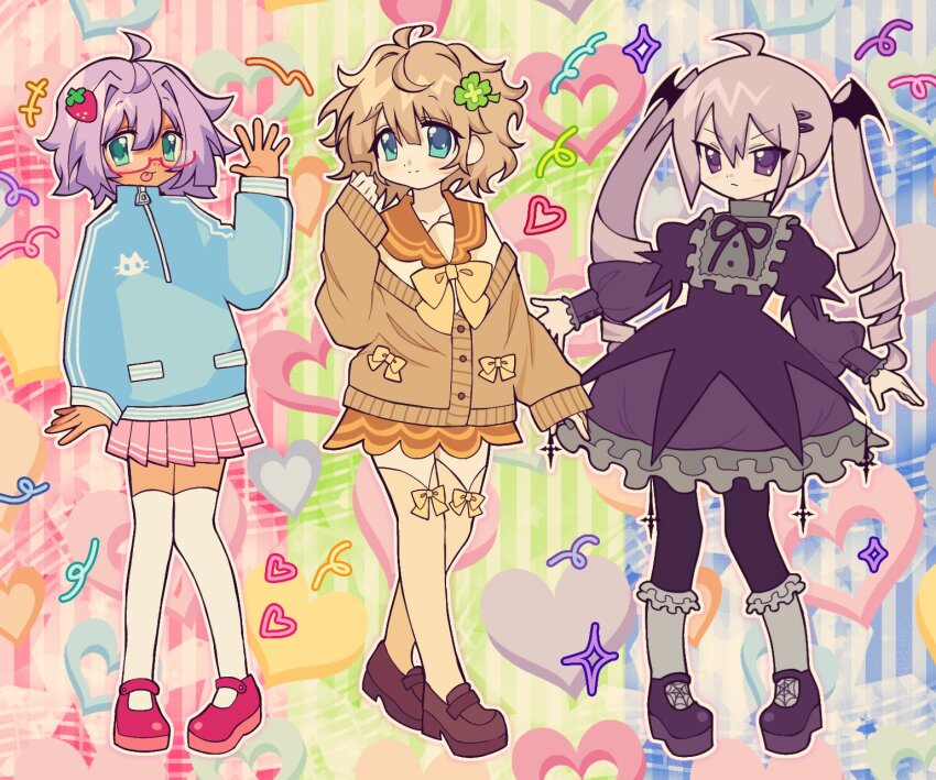 3girls, ahoge, aqua_eyes, bespectacled, black_dress, black_footwear, black_jacket, blonde_hair