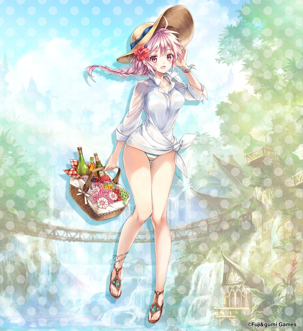 1girl, :d, ascalon_(phantom_of_the_kill), basket, bikini, braid, brown_sandals, collared_shirt