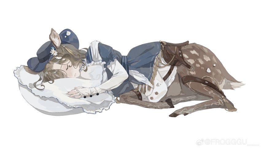 1girl, absurdres, animal_ears, blue_hat, blue_shirt, brown_hair, centauroid, closed_eyes