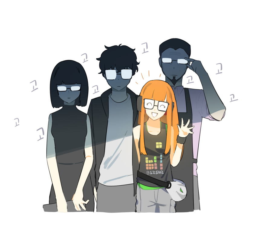 2boys, 2girls, ^_^, adjusting_eyewear, amamiya_ren, apron, bag, black_apron