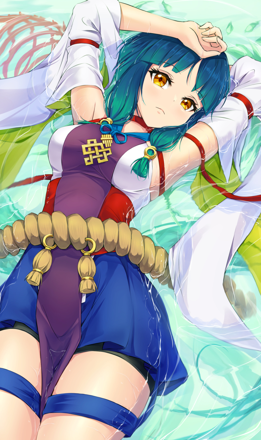 1girl, akirappy, armpits, blue_hair, breasts, detached_sleeves, gradient_hair, green_hair, highres, looking_at_viewer, monster_strike, multicolored_hair, rope, shimenawa, solo, yakumo_(monster_strike), yellow_eyes