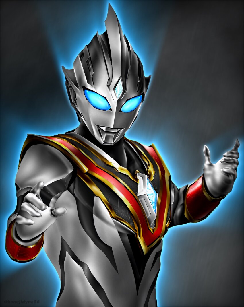 1boy, alien, armor, arms_up, aura, blue_eyes, breastplate, color_timer, commentary, crystal, dorsal_fin, evil_trigger, forehead_jewel, glowing, glowing_eyes, grey_background, hanejidyna86, highres, looking_down, male_focus, no_humans, open_hands, red_wrist_cuffs, solo, tokusatsu, ultra_series, ultraman_trigger_(series), upper_body, wrist_cuffs