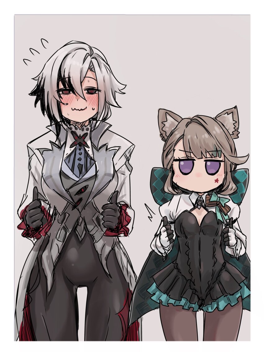 2girls, animal_ears, arlecchino_(genshin_impact), black_hair, blush, border, bow, brown_hair