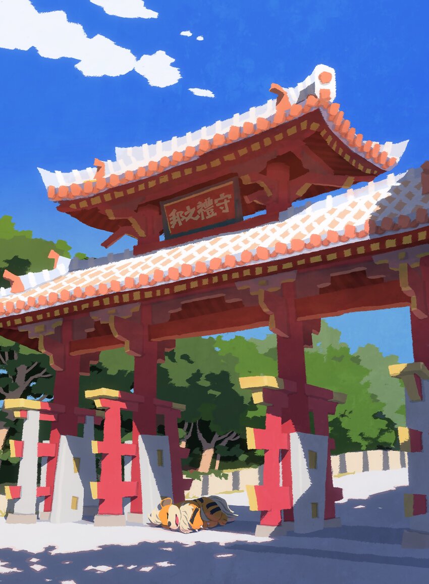 absurdres, architecture, blue_sky, closed_eyes, cloud, commentary_request, day, east_asian_architecture