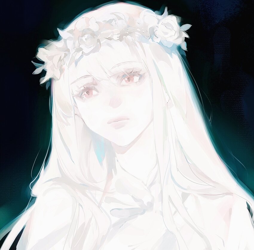 1girl, albino, awkwardtomato, black_background, expressionless, fata_morgana_no_yakata, head_tilt, head_wreath