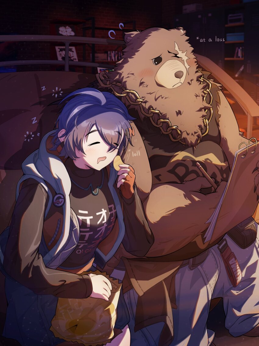 1boy, 1girl, ahoge, animal_ears, bear_boy, bear_ears, belle_(zenless_zone_zero), belly, ben_bigger, black_shirt, black_tank_top, blue_hair, blush, captjimmy1218, chain, chain_necklace, chips_(food), close_eye, commentary, couch, english_commentary, english_text, fat, fat_man, flying_sweatdrops, food, furry, furry_male, hair_ornament, hairpin, highres, holding, holding_food, holding_notepad, holding_pencil, hood, hooded_jacket, jacket, jewelry, necklace, notepad, on_couch, pencil, potato_chips, scar, scar_across_eye, scar_on_face, shirt, shy, sitting, sleepy, sleeveless, sleeveless_jacket, tank_top, turtleneck, zenless_zone_zero, zzz