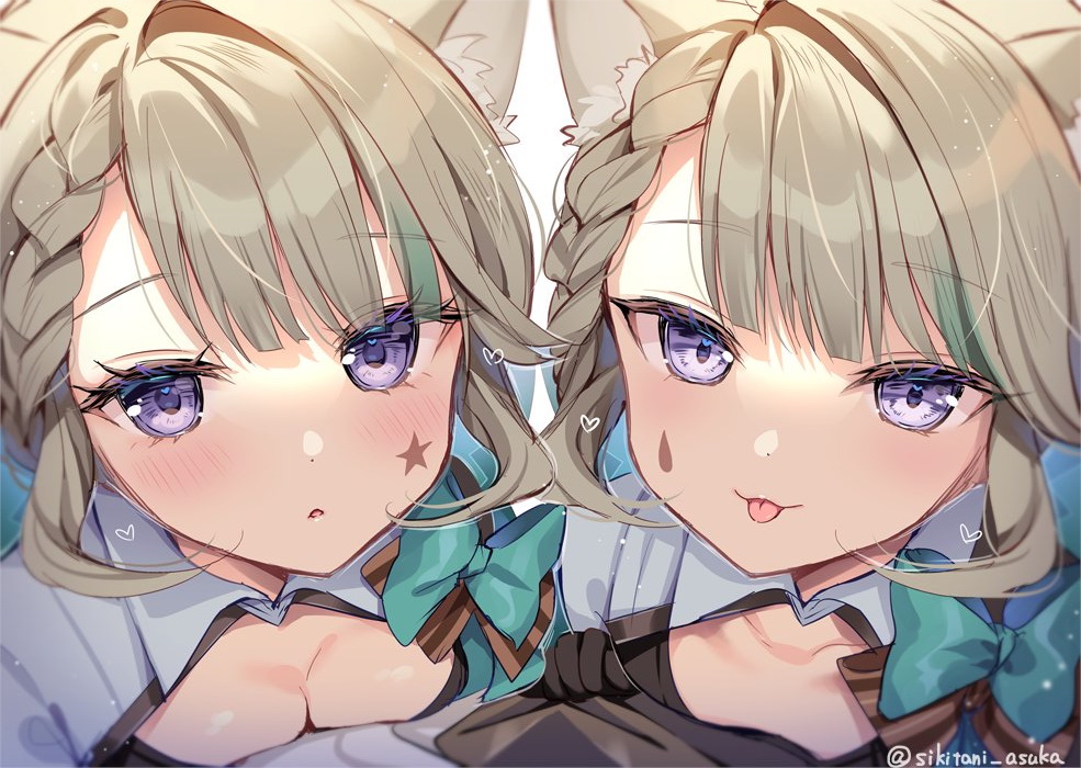 1boy, 1girl, animal_ear_fluff, animal_ears, aqua_bow, aqua_bowtie, artist_name, black_gloves